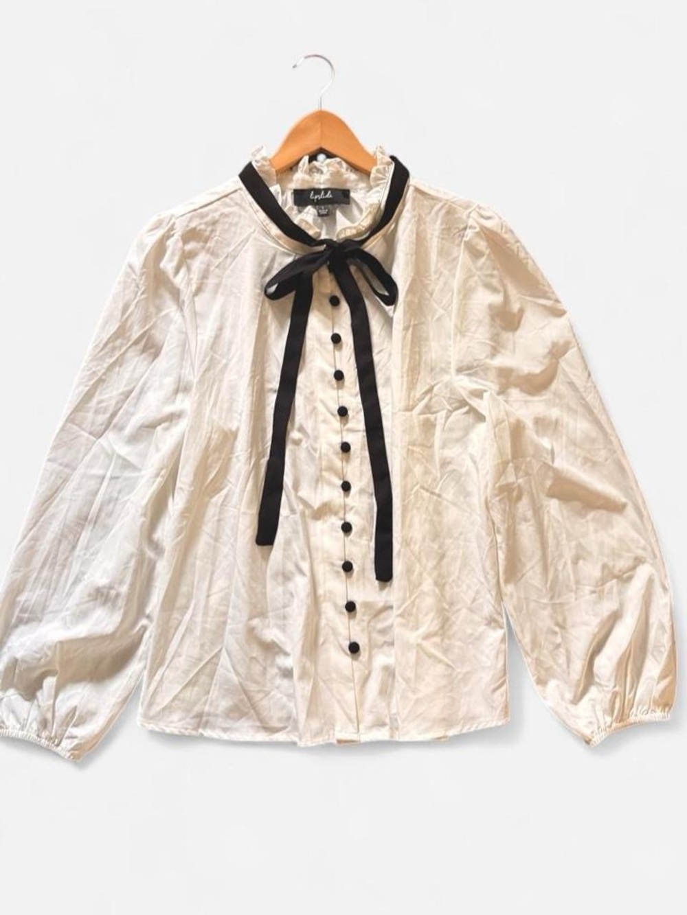 Lipslide White Ruffled Collar Blouse w Black Ribbon Tie L Dark Academia Gothic